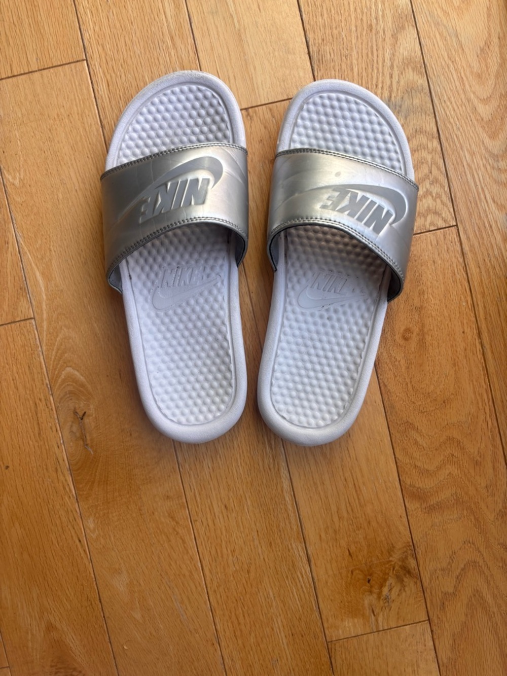 Nike Silver and White Slide Sandals